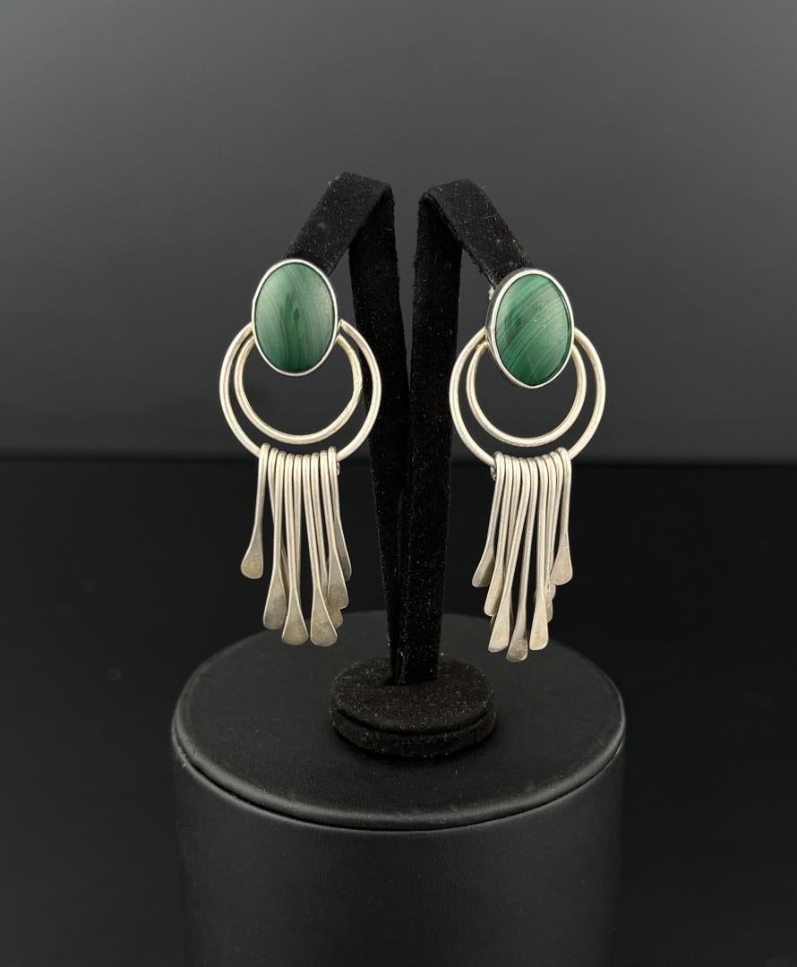 Taxco Sterling Silver Malachite Spoon Earrings: 22.6 grams. 1" by 2 1/2" long.