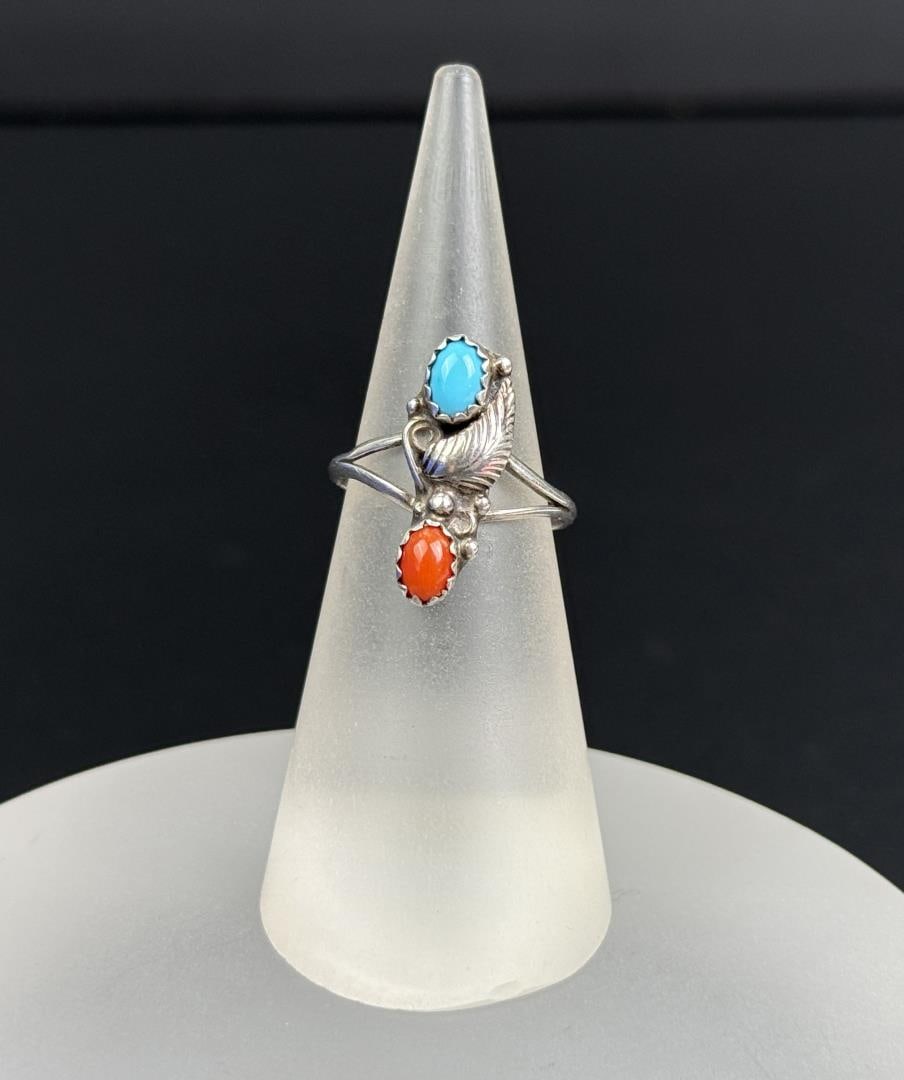 Navajo Sterling Silver Turquoise Coral Ring: 2.21 grams, size 6.