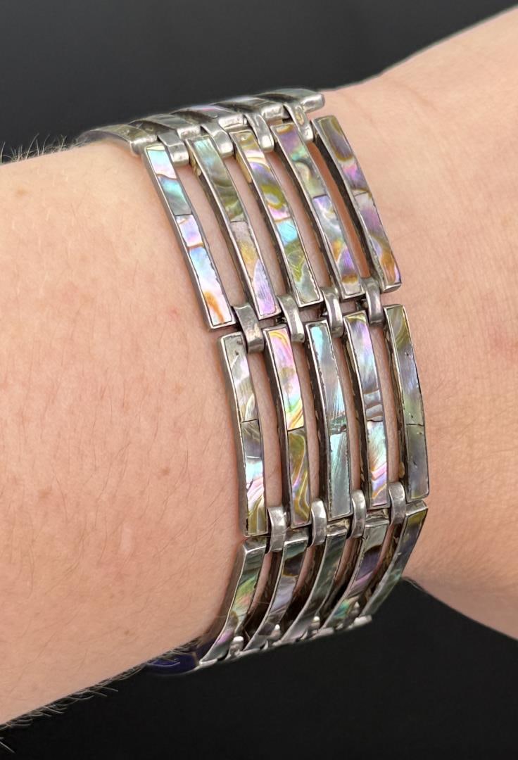 Signed Taxco Mexico Sterling Abalone Gate Bracelet (1 of 6)