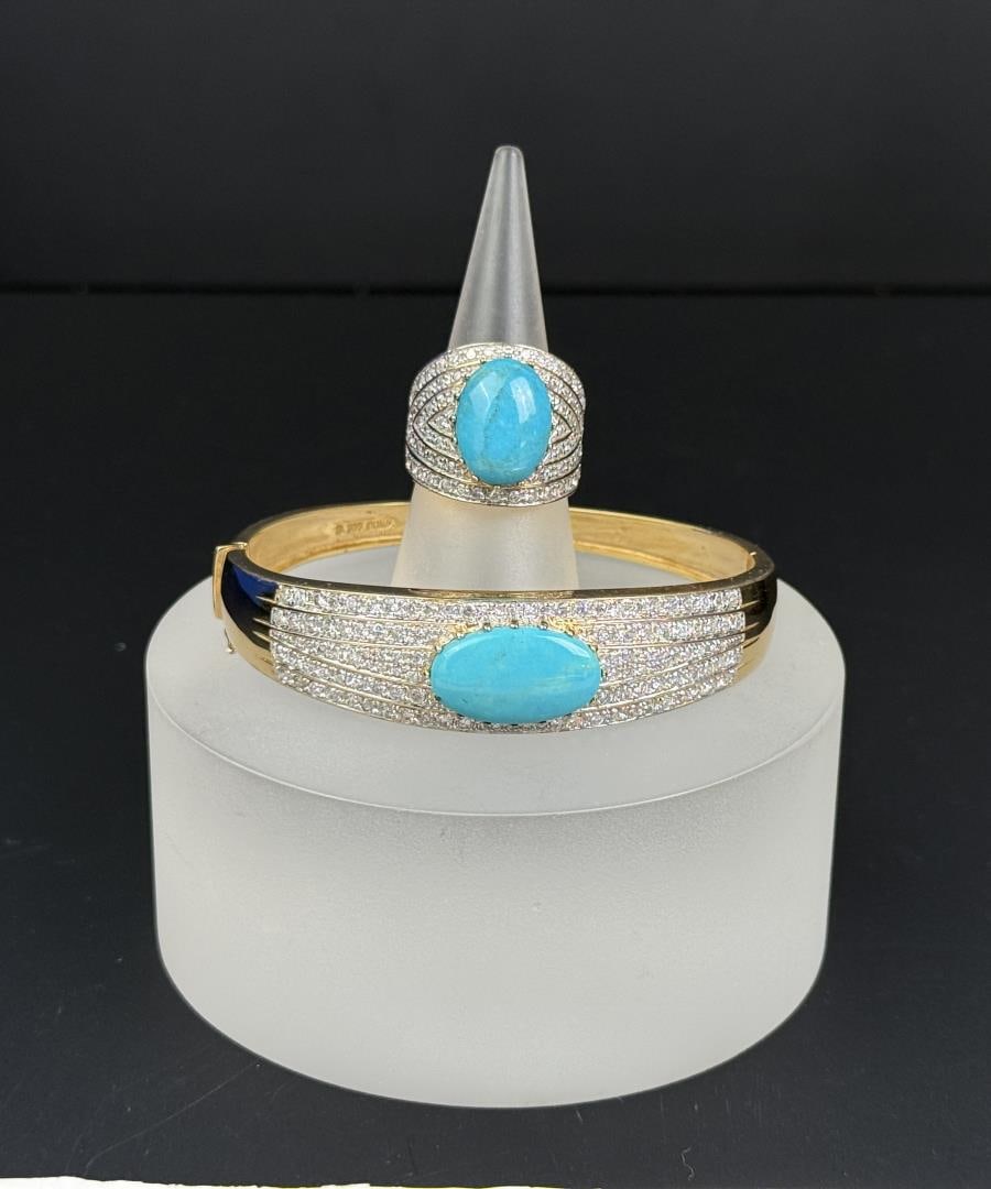 Sterling Silver Turquoise Cabochon Jewelry: 43.91 grams, bracelet is 6 1/2" as shown, ring is size 9.