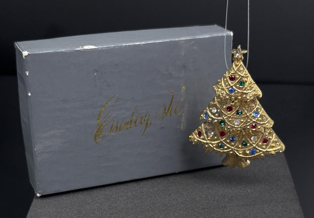 Eisenberg Ice Christmas Tree Rhinestone Brooch: 2" long in box.