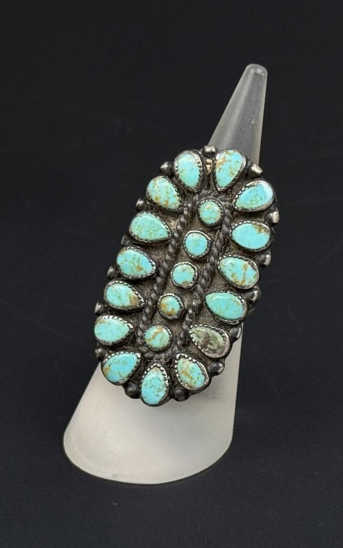 Zuni Sterling Silver Petit Point Turquoise Ring: Nice old pawn ring. Size 7 3/4