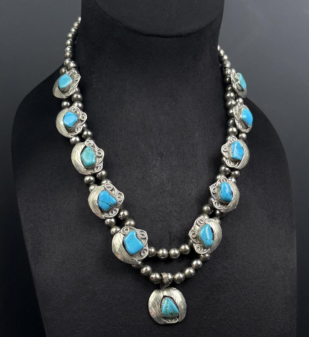 Mexico Nickel Silver Turquoise Squash Blossom: 12 1/4" long as displayed.
