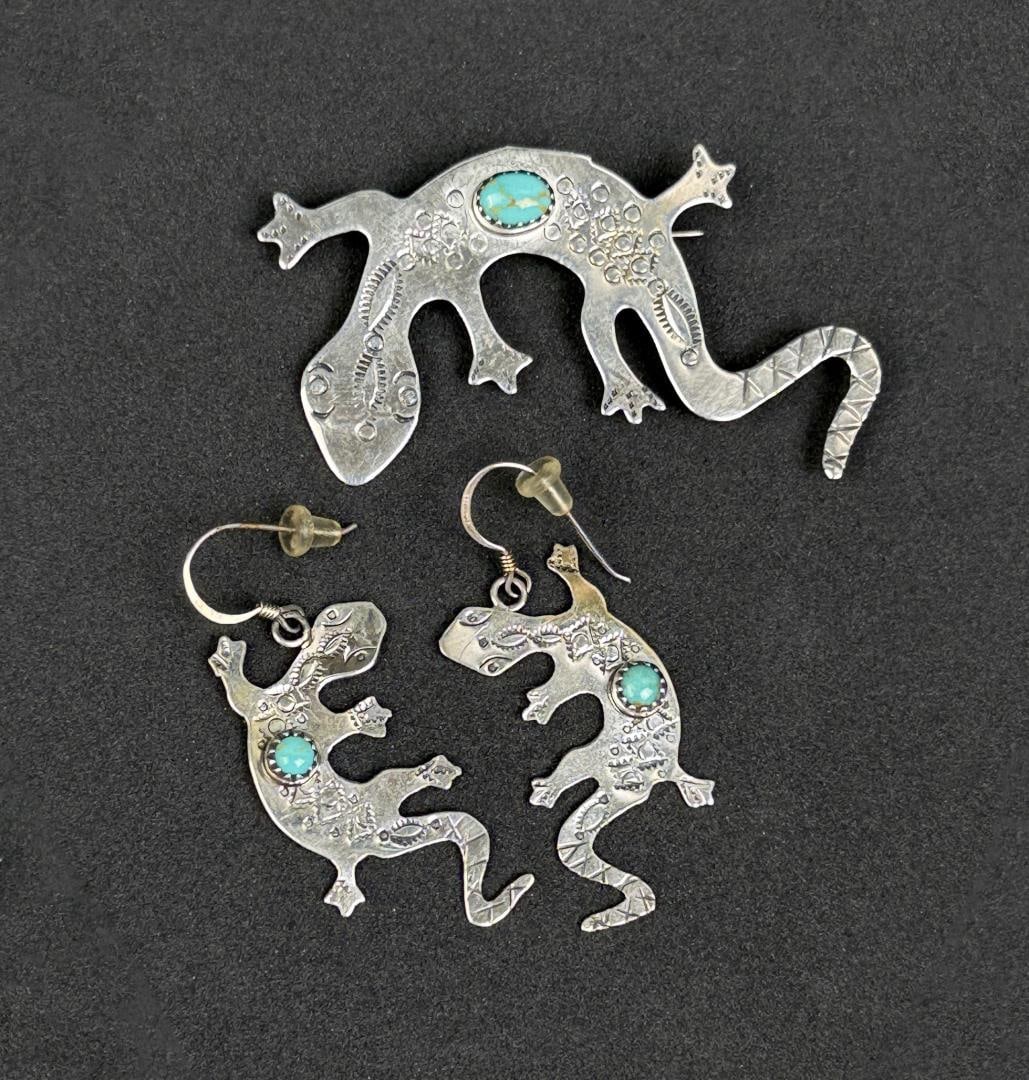 Running Bear Navajo Sterling Silver Jewelry: Earrings and Brooch. 10.74 grams.
