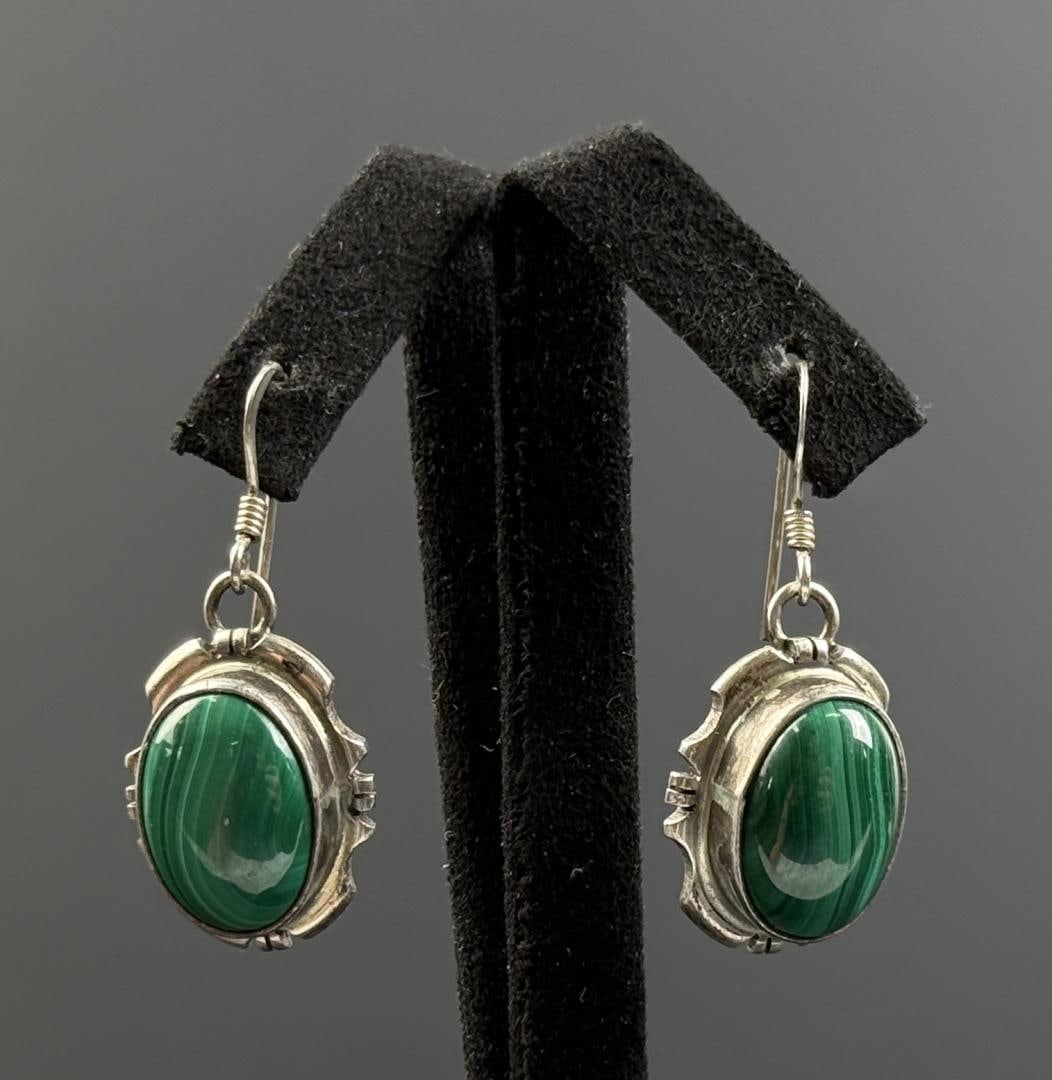 Navajo Sterling Silver Malachite Earrings: 7.93 grams. 1 3/8" long.