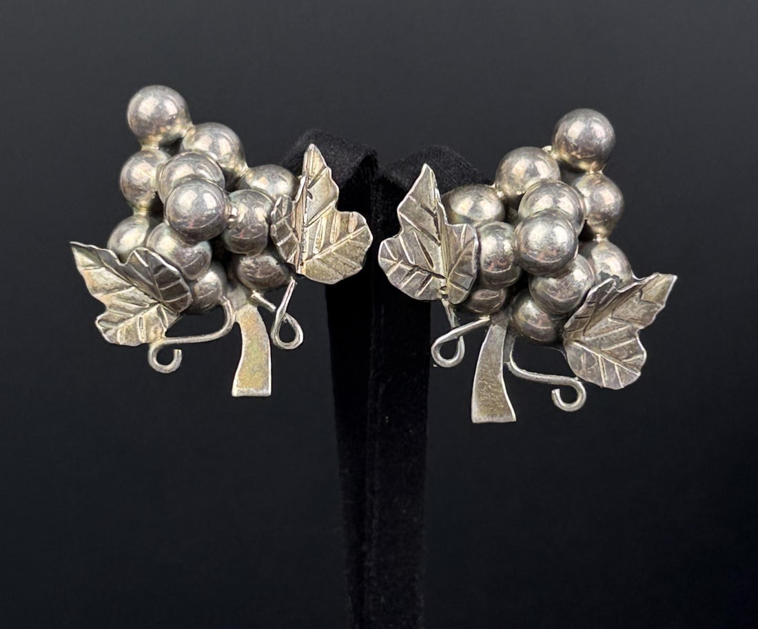 Taxco Mexico Sterling Silver Grape Earrings: 24.19 grams.