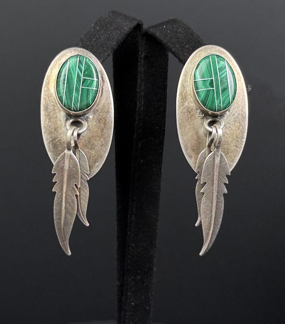 Navajo Sterling Silver Malachite Earrings: 11.15 grams. 2" long.