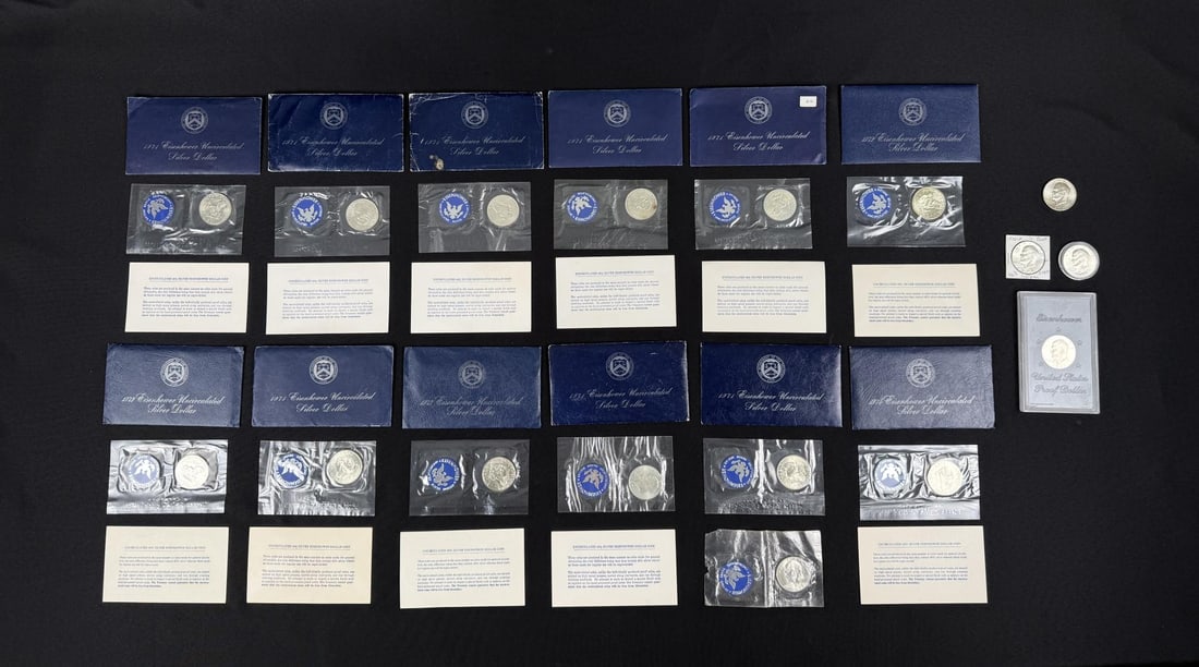 Collection of Eisenhower Silver Dollar Coins: 17 total. Lot requires payment via non credit card.