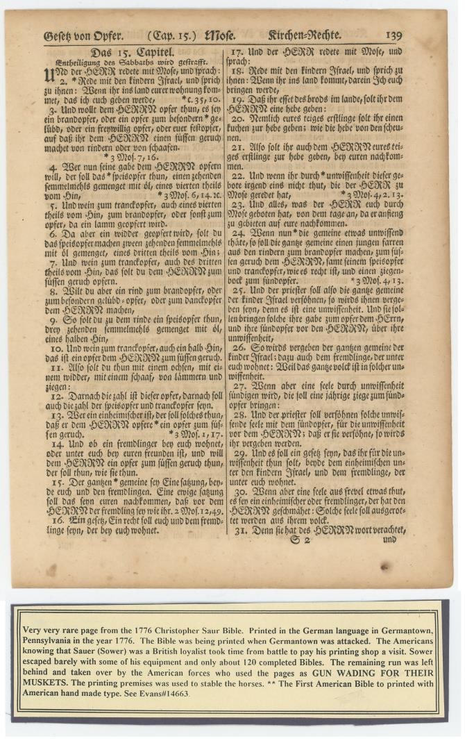 1776 Christopher Saur Gun Wad Bible Page (1 of 9)