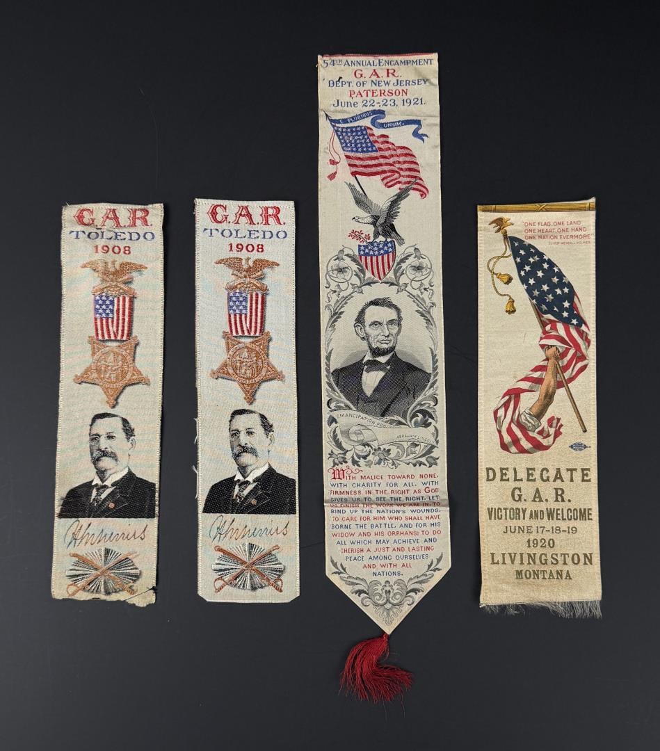 1908 1920 1921 GAR Encampment Stevengraph Ribbons: The 1921 is exceptionally scarce. Two 1908 Toledo, and a 1920 Livingston Montana.