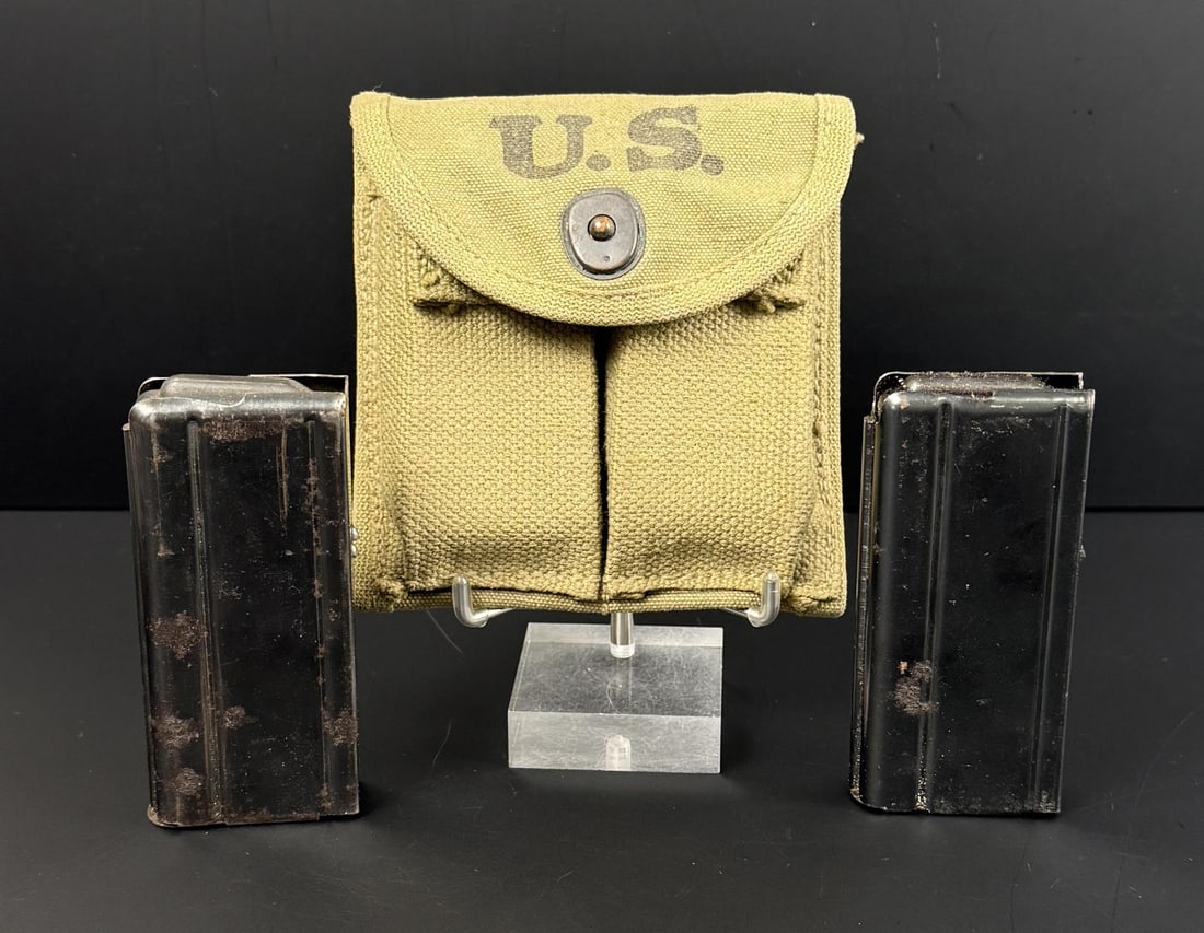 WW2 M1 Carbine Rifle Magazines in Pouch: Airtress Midland 1943 Pouch. Saginaw C-SG, and National Postal Meter MN magazines. No sales to the following areas, a bid from any of these restricted areas will result in immediate termination of
