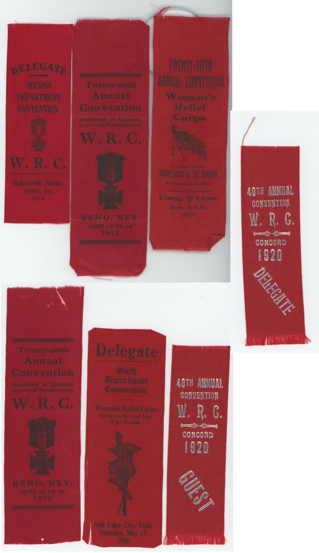 Women's Relief Corps Convention Ribbons: Reno Nevada, Jacksonville Florida, Coeur d'Alene Idaho, Salt Lake City Utah, Concord,