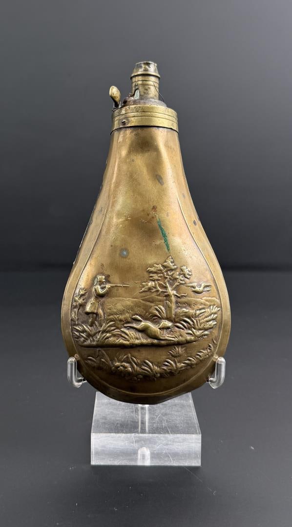 Dog & Hunter Riling 886 Brass Powder Flask: 6 1/2" long.