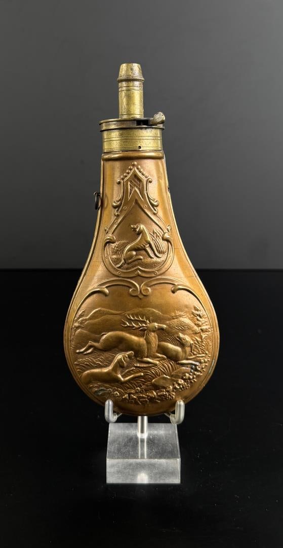 Hunting Dogs & Deer Riling 984 Brass Powder Flask (1 of 4)