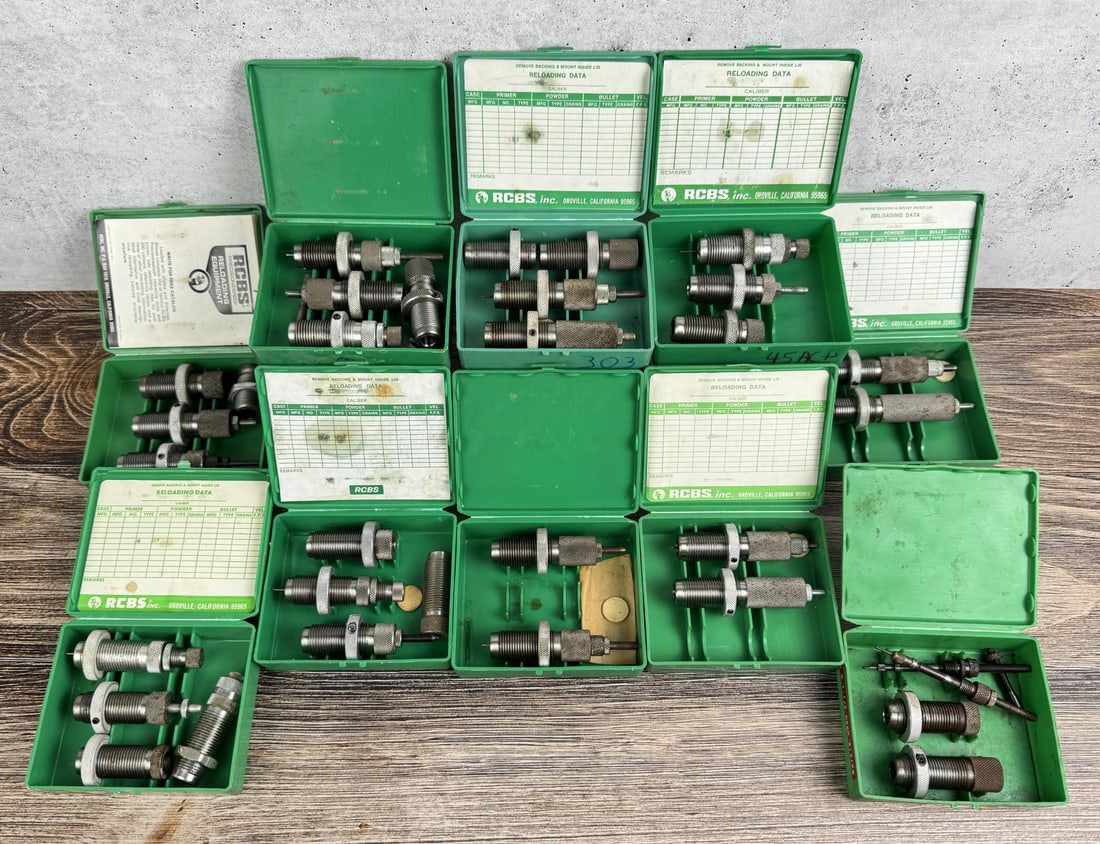 Collection of RCBS Reloading Dies: .44 Spl, .22/250, .308, 9mm, .375 H&H mag, .303 British, .45 ACP, .300 Savage, .240 Win