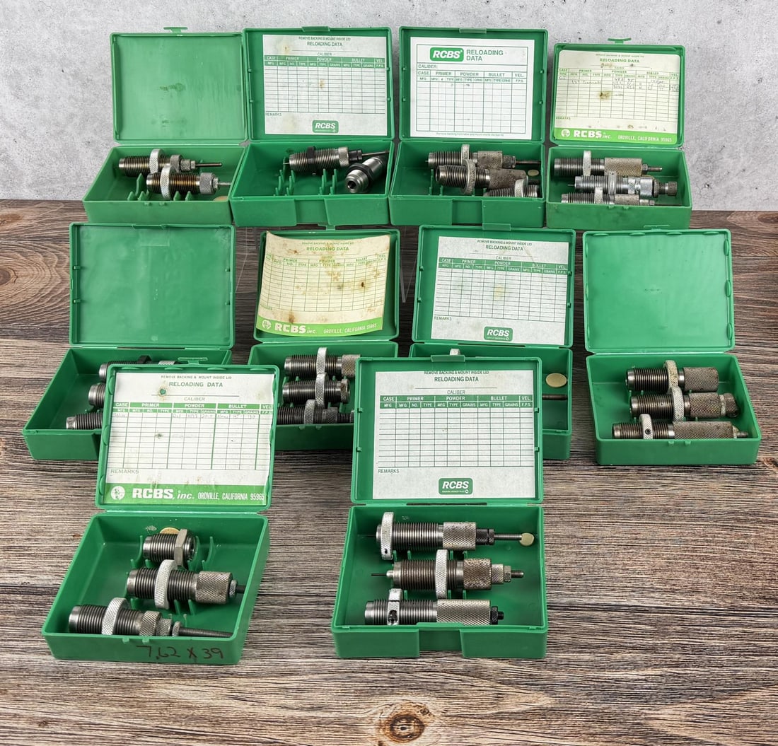 Collection of RCBS Reloading Dies: 6.5/55, 7.7 Jap, .218 Bee, .22 Hornet, .44/40, 7.62x39, .260 Rem, .458 Win Mag, 7.62 Russian, 7.5 Schmidt Rubin