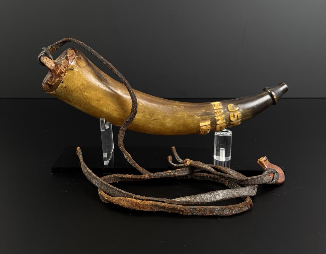 1850 Hangtown Placerville California Powder Horn: Signed J. Smith Hangtown 1850. 11 1/2" long. Placerville is a city in and the county seat of El Dorado County, California, United States. The population was 10,747 as of the 2020 census, up from 10,38