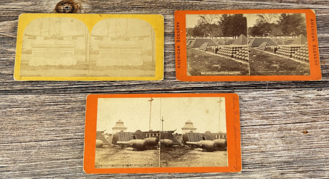Civil War Artillery Cannon Stereoviews: The Battery Cannon Charlestown Navy Yard, National Cemetery Arlington.