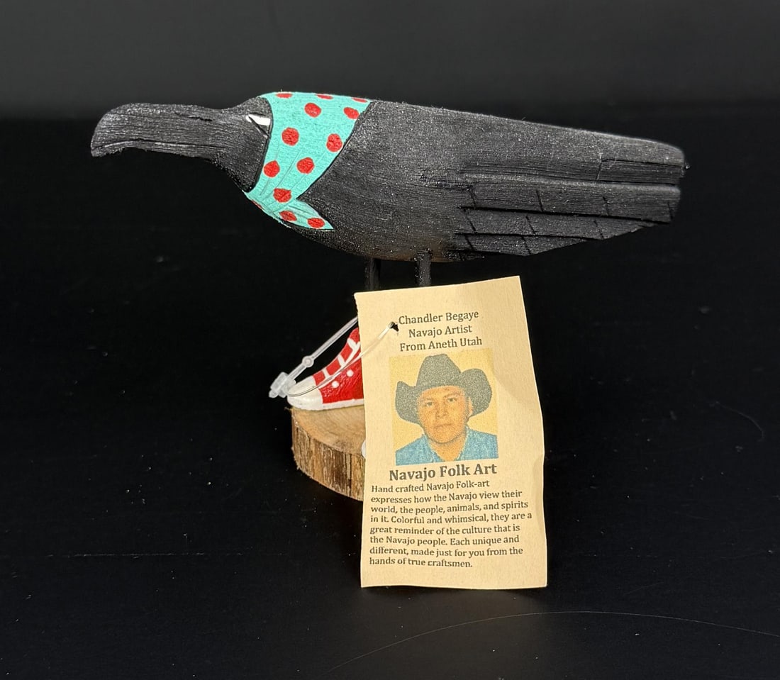 Chandler Begaye Navajo Folk Art Wood Carving Raven: 4 1/2" by 3" by 1 3/4".
