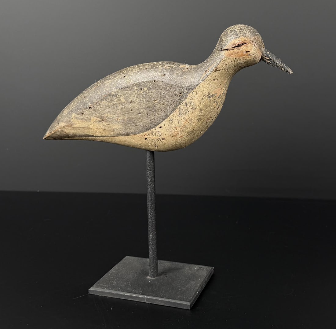 Antique Shorebird Hunting Decoy: Shows signs of gunning. 9 3/4" by 9 3/4" by 3 1/8" on stand.