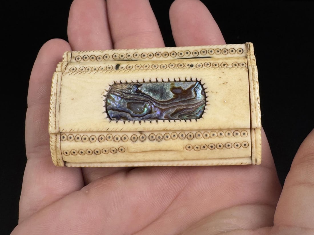Whaler Made Whale Bone Snuff Box: Abalone Inlay. 2 1/2" by 1 1/2" by 5/8".