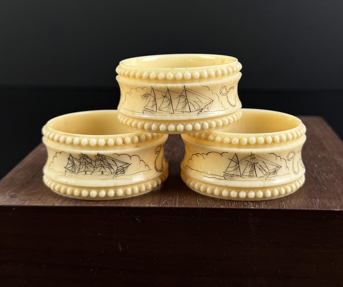 Whaler Made Scrimshaw Whale Tooth Napkin Rings: Three Masted Schooner, Bark, Topsail Schooner. 1 7/8" diameter, 7/8" wide.