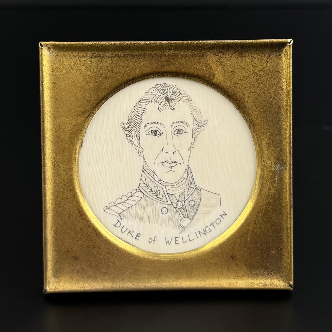 Whaler Made Scrimshaw Duke of Wellington Portrait: 2 7/8" by 2 3/4"