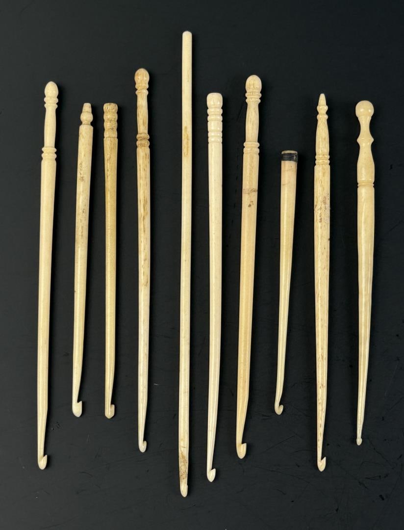 Civil War Whaler Made Whale Bone Crochet Hooks: Nice grouping.