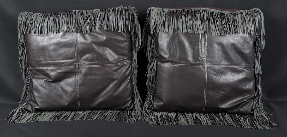 Cowboy Stetson Leather Fringe Pillows: 16" by 17 1/2".