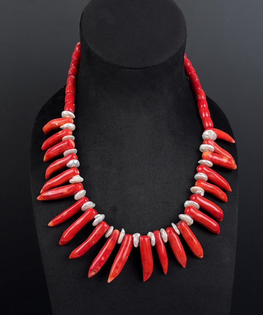 Navajo Branch Coral and Pearl Necklace: 13 1/4" long as displayed.