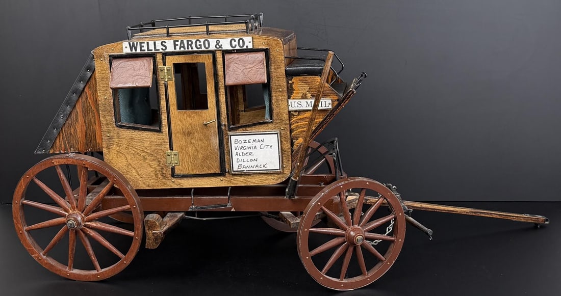 Chuck Kerr Missoula Montana Stagecoach Model: 30 1/2" by 13 1/2" by 10 5/8" as displayed. Charles M. Kerr was born in Moiese, Montana. He served in the 749th Bomb Squadron, 457th Bomb Group, Heavy, as a Staff Sergeant and Tail Gunner of the B-17