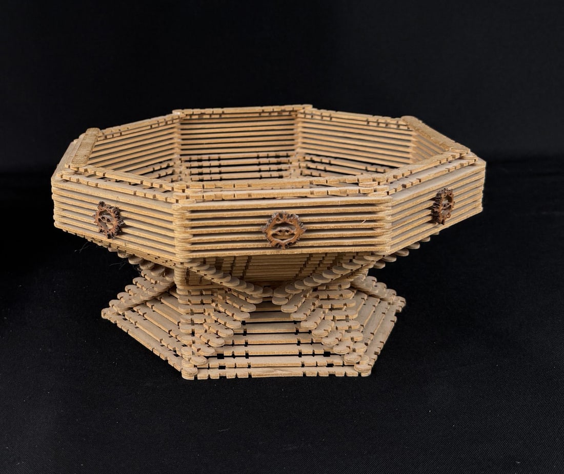 Tramp Art Popsicle Stick Footed Compote Bowl: 10 1/2" diameter, 5" tall.