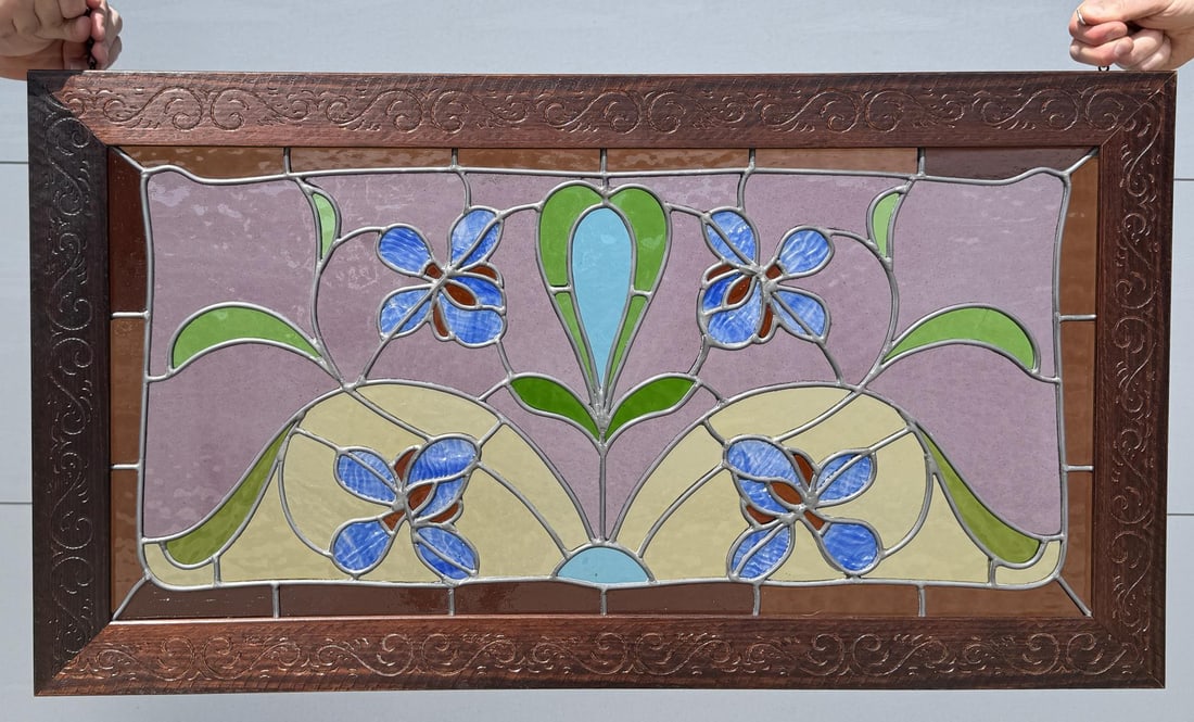 Victorian Stained Glass Window: 21" by 39" framed.