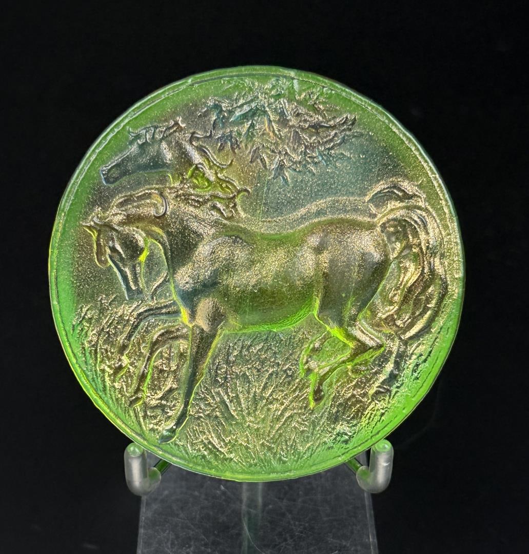 Robin Lehman Dichroic Art Glass Horse Paperweight: 3" diameter, 1" tall.