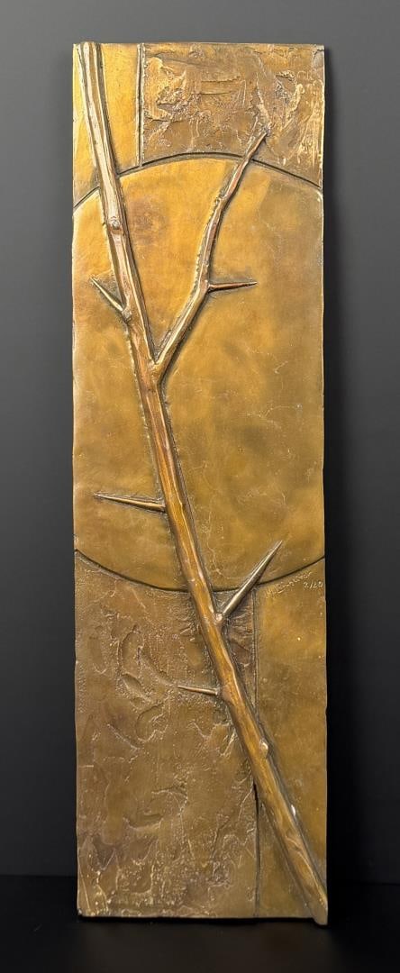 Mark Leichliter Hawthorn Bronze: Title is Hawthorn. 15 1/4" by 4 3/8" by 5/8". 2/20. Mark Leichliter. 20th century. Known for: Sculptor-abstract nature. A lifelong resident of Loveland, Colorado, he apprenticed with Dan Ostermiller