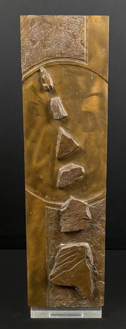 Mark Leichliter Stepping Stones Bronze: Title is Stepping Stones. 15 1/4" by 4 3/8" by 5/8". 2/20. Mark Leichliter. 20th century. Known for: Sculptor-abstract nature. A lifelong resident of Loveland, Colorado, he apprenticed with Dan