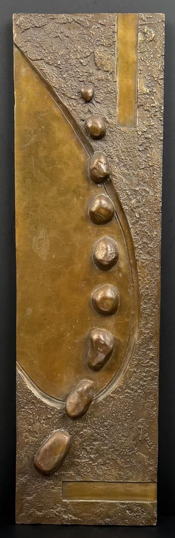 Mark Leichliter Stepping Stones Bronze: Title is Stepping Stones. 15 1/4" by 4 3/8" by 5/8". 2/20. Mark Leichliter. 20th century. Known for: Sculptor-abstract nature. A lifelong resident of Loveland, Colorado, he apprenticed with Dan