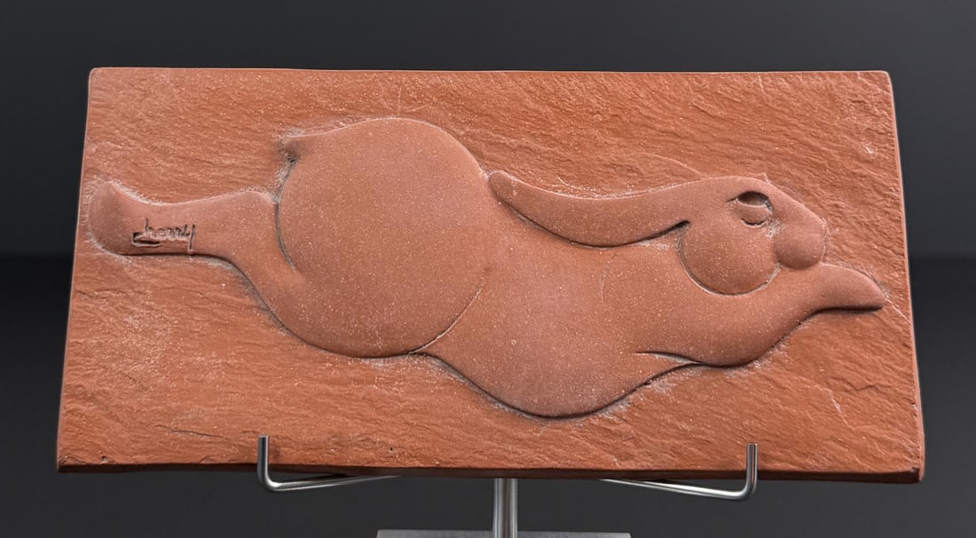Tim Cherry Running Rabbit Terracotta Tile: Title is Running Rabbit. Terracotta. Tile is 3 1/2" by 7 1/2". Tim Cherry (Born 1965) is active/lives in Missouri, Colorado, Alberta / Canada. Tim Cherry is known for Abstract wildlife and fish