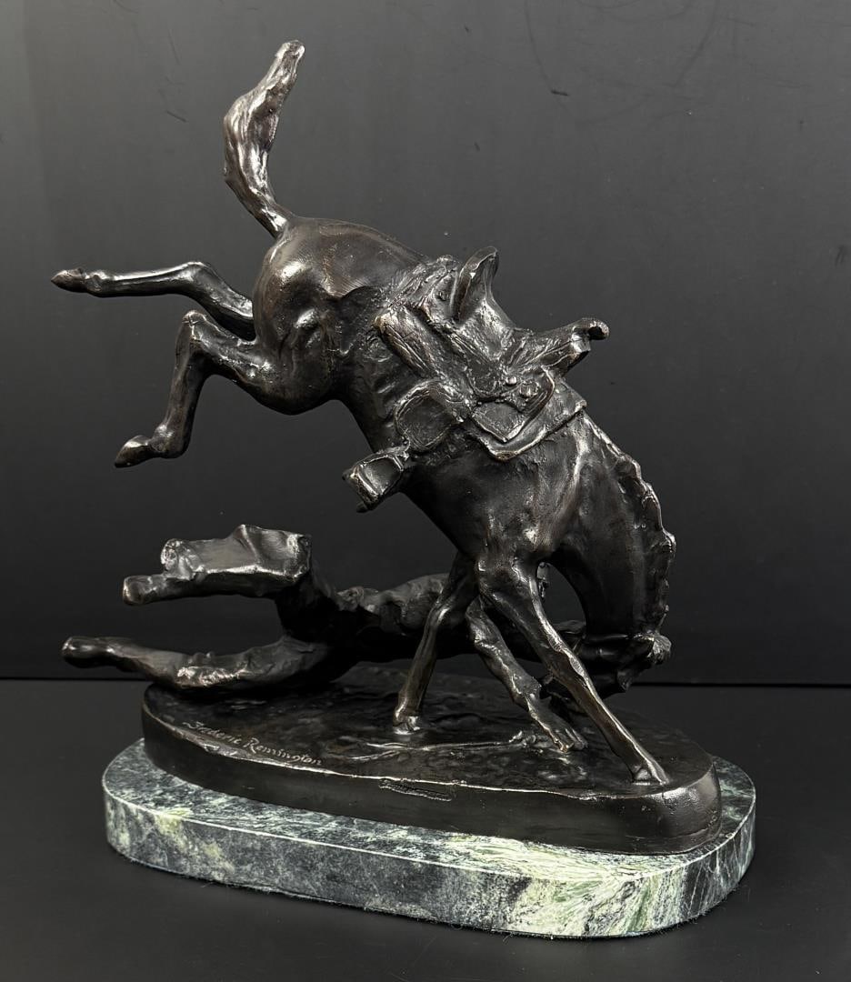 Frederic Remington The Wicked Pony Bronze: Title is The Wicked Pony. 9 7/8" by 9" by 4 7/8". Frederic Sackrider Remington (1861 - 1909) was active/lived in New York, Kansas, Connecticut. Frederic Remington is known for Western painting and