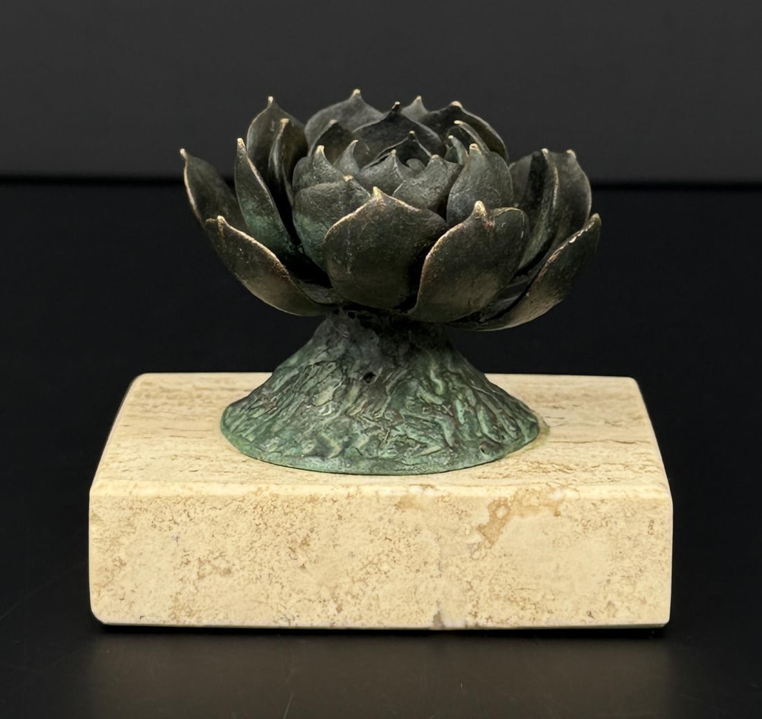 Signed Bronze Lotus: 3" by 2 1/4" by 2 1/4".
