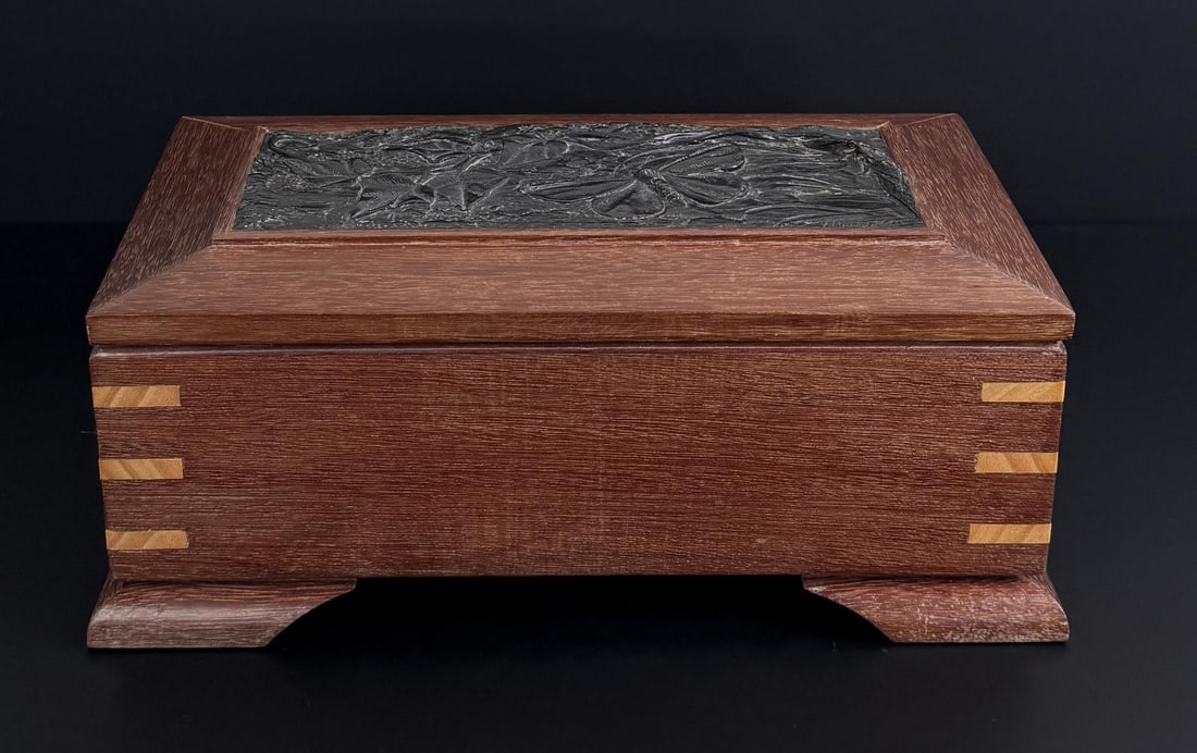 Tony Hochstetler Bronze Moth Dresser Box: Title is Moth Dresser Box. 12" by 6 7/8" by 5". 6/15. Tony Hochstetler. Born 1964 Indiana. Known for: Realistic sculpture-fish, reptiles and amphibians. Sculptor Tony Hochstetler is a sculptor in