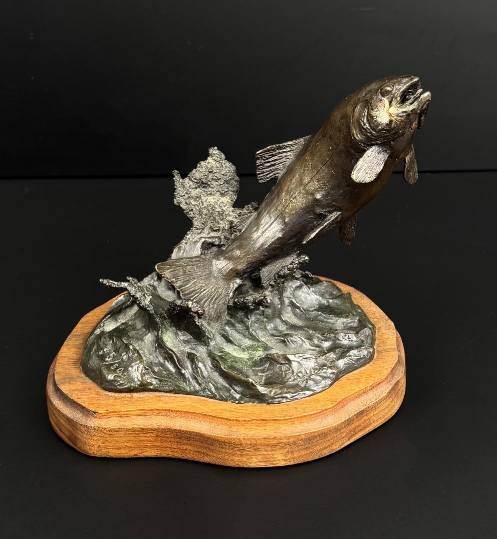Fred Boyer Montana Leaping Trout Bronze: Title is Leaping Trout. 6" by 5 1/4" by 4 3/4". 5/50. Fred Boyer (20/21st century) is active/lives in Montana. Fred Boyer is known for Sculpture-western subjects and wildlife. A sculptor of western
