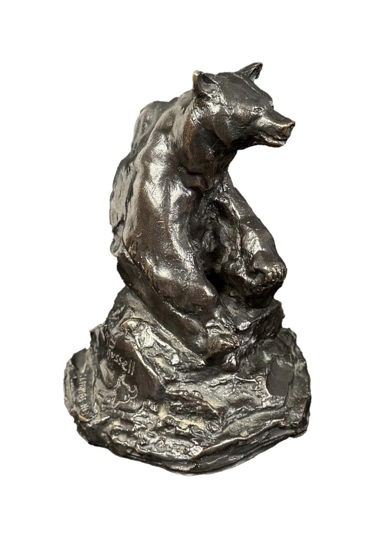 1939 Charles Russell Berry Eater Bear Bronze: Title is Berry Eater. 5 1/2" by 4" by 4". Marked: Nelli Art Bronze Works, 1939 H.E. Britzman, Castings no 3. This is number 3 of 6, from the original casting produced by Homer Britzman following his