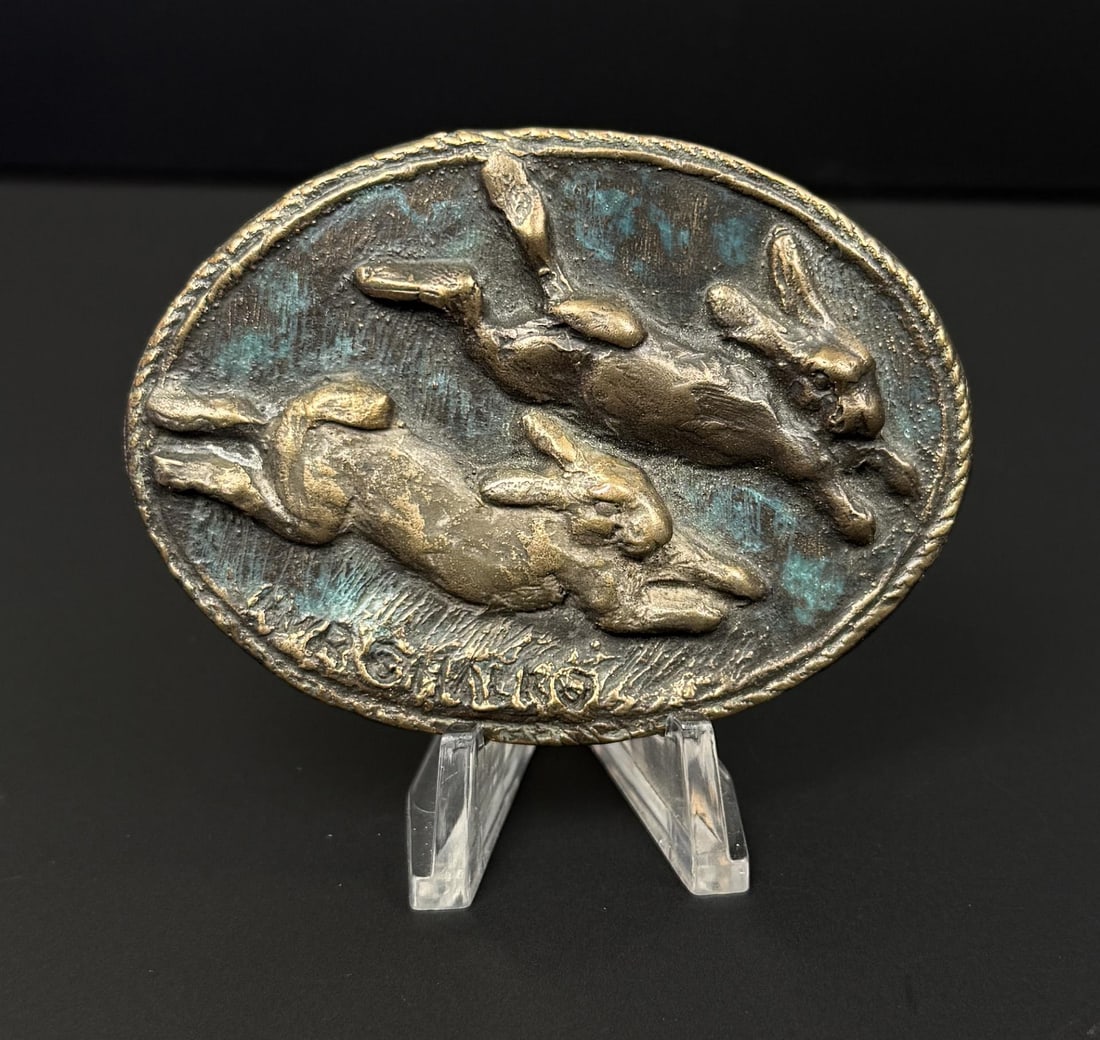 Joe Halko Prix De West Bronze Belt Buckle: 2 7/8" by 2". Joe Halko (1940 - 2009) was active/lived in Montana. Joe Halko is known for Wildlife sculpture, dioramist, landscape painting. Joe Halko grew up a student of nature of a ranch south of G