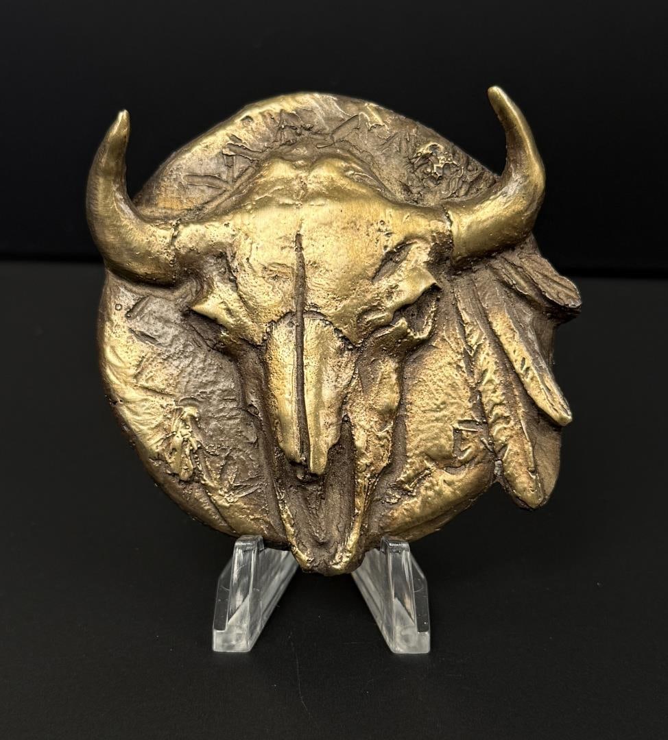 Edward Fraughton 1990 Prix de West Bronze Medal: 1990. 2 1/2" by 2 1/2". Edward J. Fraughton is an American artist, sculptor, and inventor, primarily known for his epic monumental works and individual collector editions. He most often creates images