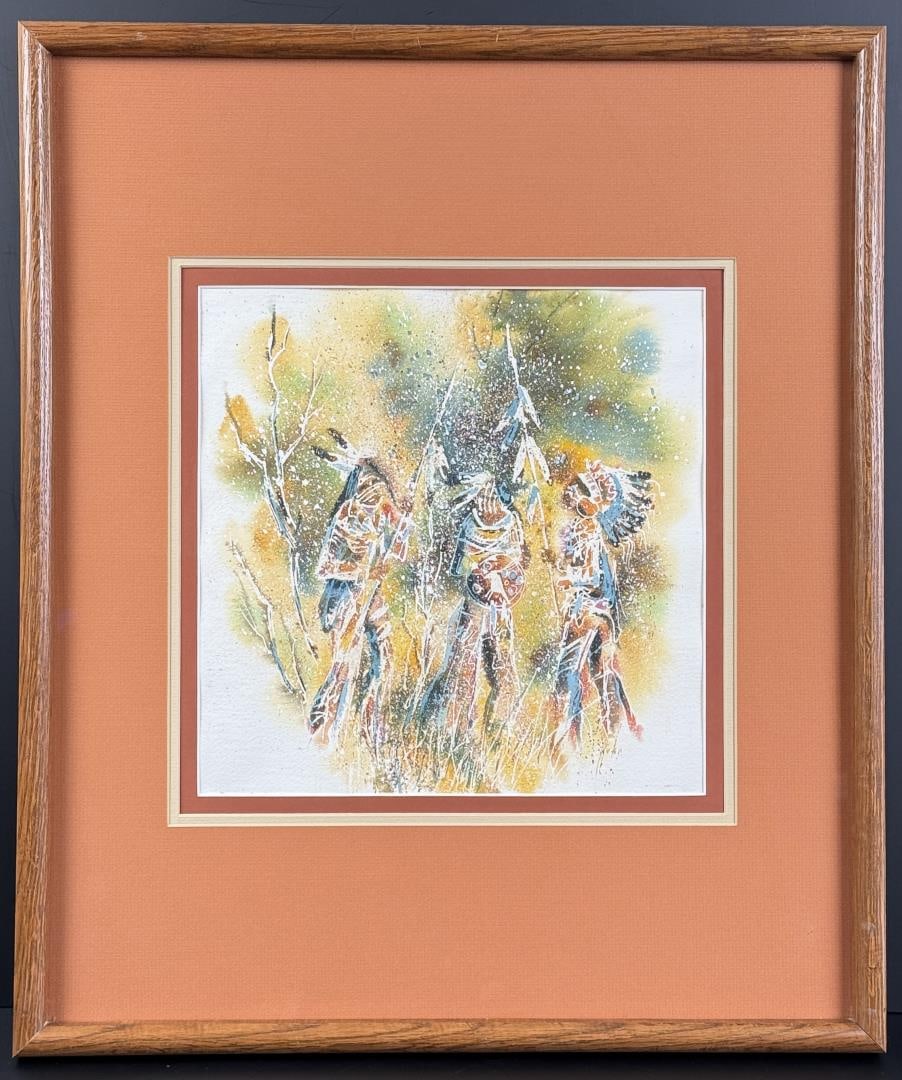 King Kuka Bush Hunters Blackfoot Indian Painting: Title is Bush Hunters #11. 13" by 13" unframed, 26" by 22" framed. Watercolor on paper. King Kuka (1946 - 2004) was active/lived in Montana. King Kuka is known for Modernist figure. Born in Browning, 
