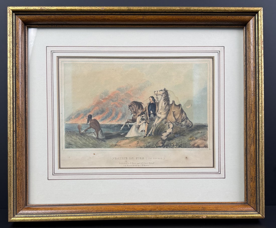 McKenney & Hall Prairie on Fire Lithograph: 12" by 14" framed. Hand-colored lithograph comes from McKenney & Hall's History of the Indian Tribes of North America , published by Rice & Hart in Philadelphia and printed by J.T. Bowen in 1854.