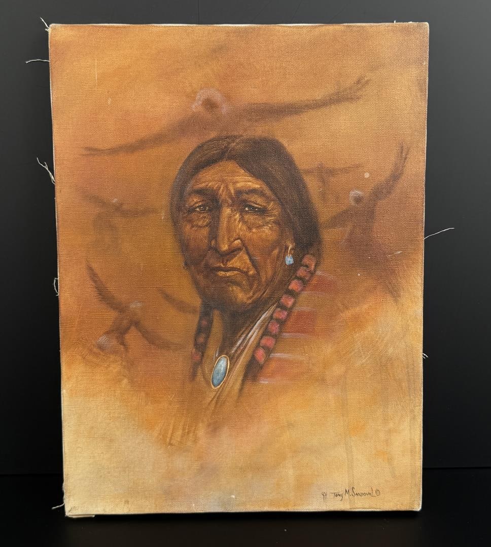 Tony Sandoval Man with Eagle Dancers Painting: Title is The Man with Eagle Dancers. 12" by 16" unframed. Oil on canvas. Tony Sandoval (20th Century) is known for Painting. Tony is a Native Veteran of the Armed Forces and did overseas deployment in