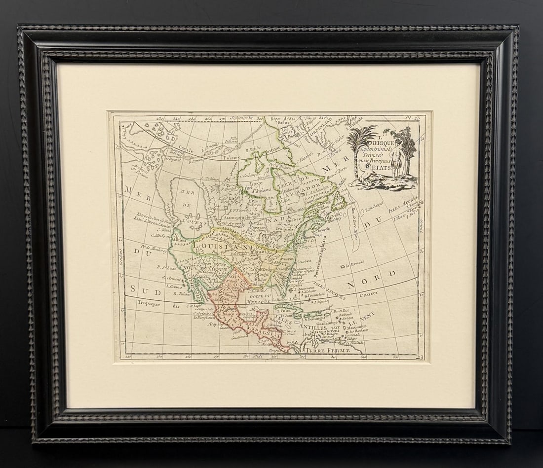 1781 French Map of North America: 13 7/8" by 11 7/8" framed. L'Amerique Septentrionale Divisee en ses Principaux Etats. Made for Joseph de Laporte's Atlas Moderne Portatif.