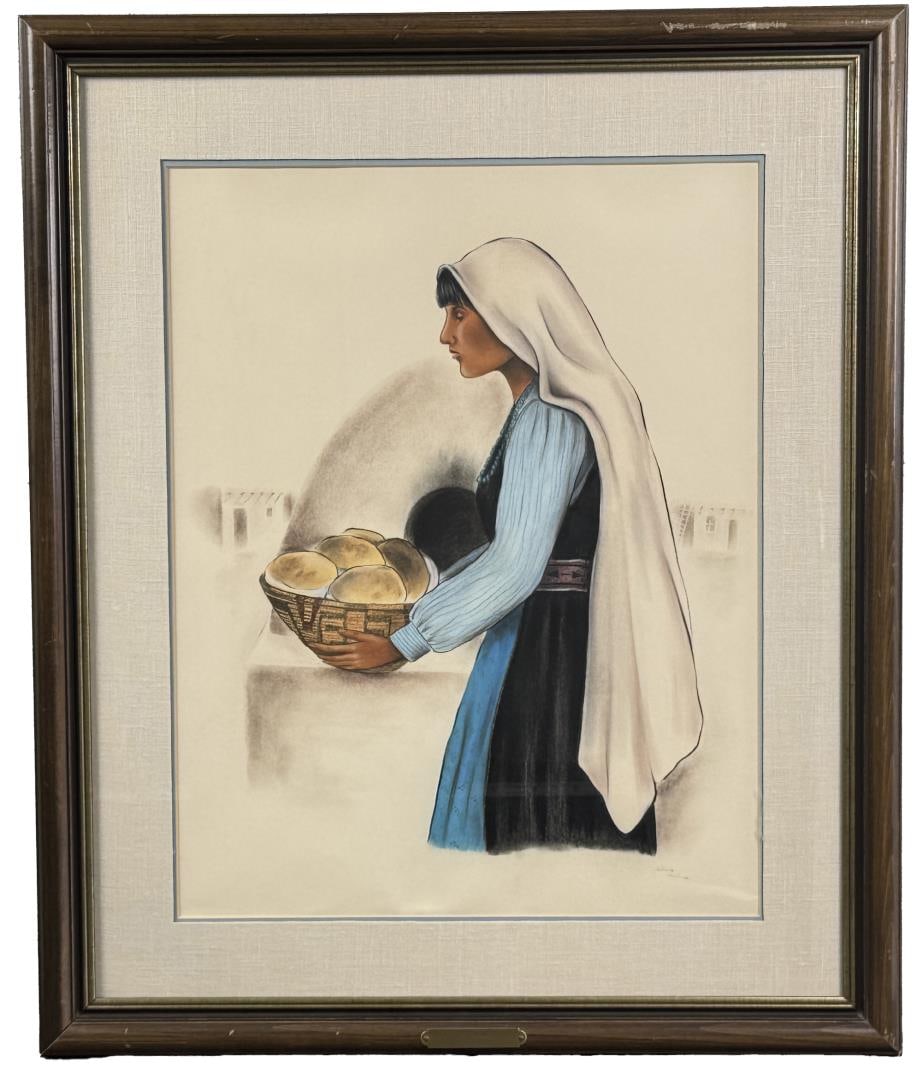Sheila Hill Bread Woman Pastel Drawing: Title is Bread Woman. 20" by 25" unframed, 29" by 34 1/2" framed. Pastel on paper. American Indian Artist Sheila Hill has studied under the customs of Indian tribes through out the United States. She 